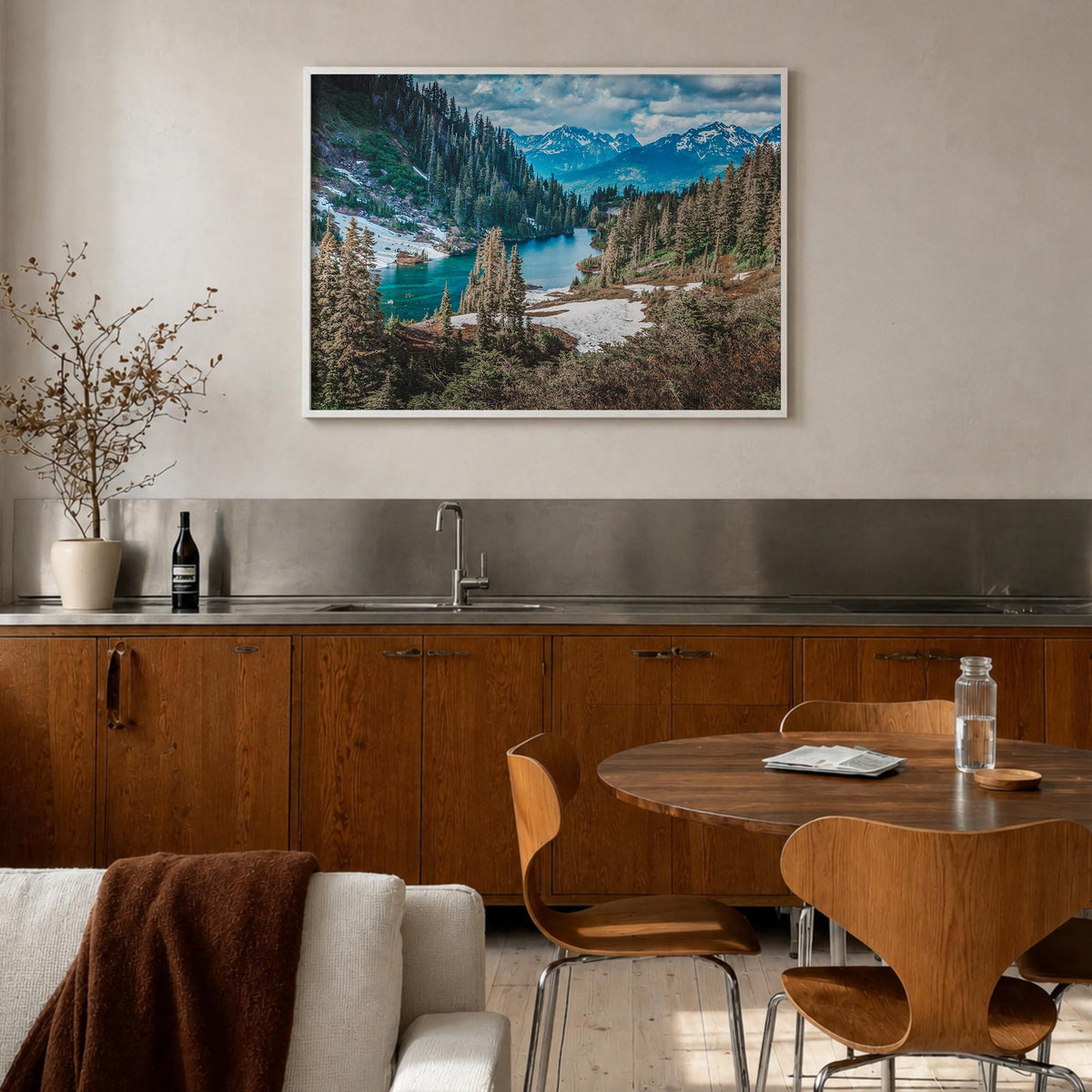 Yosemite National Park no. 1 colorful photo poster of California, USA – horizontal wall art in white wood frame, hanging on w