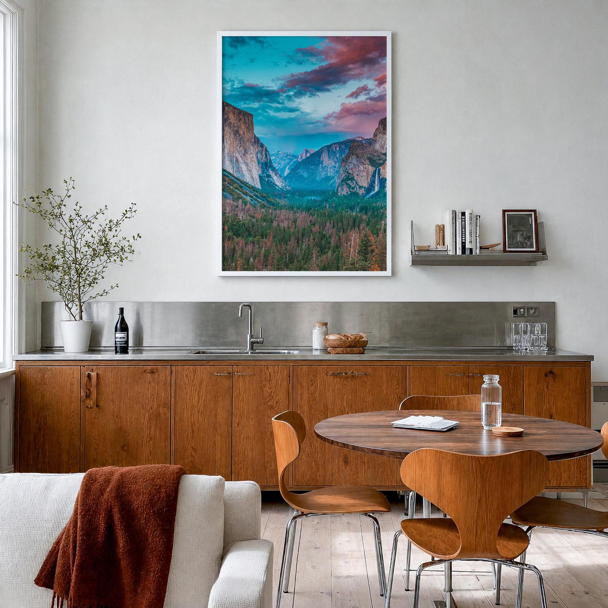 Yosemite National Park no. 1 colorful photo poster of California, USA – vertical wall art in white wood frame, hanging on wal