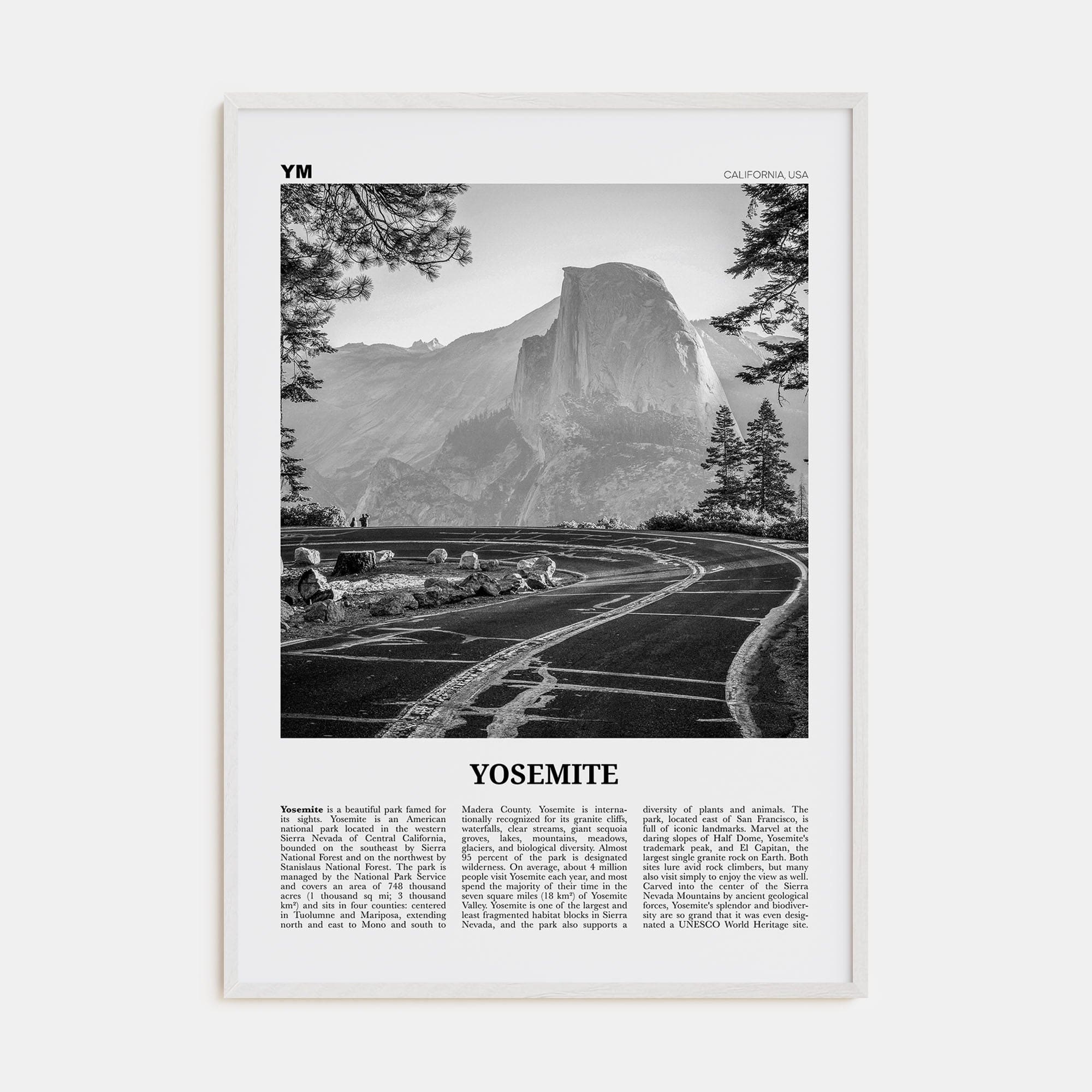 Yosemite National Park No 1 Poster White Wood / 8x12 in Nbourhood Travel B&W Poster