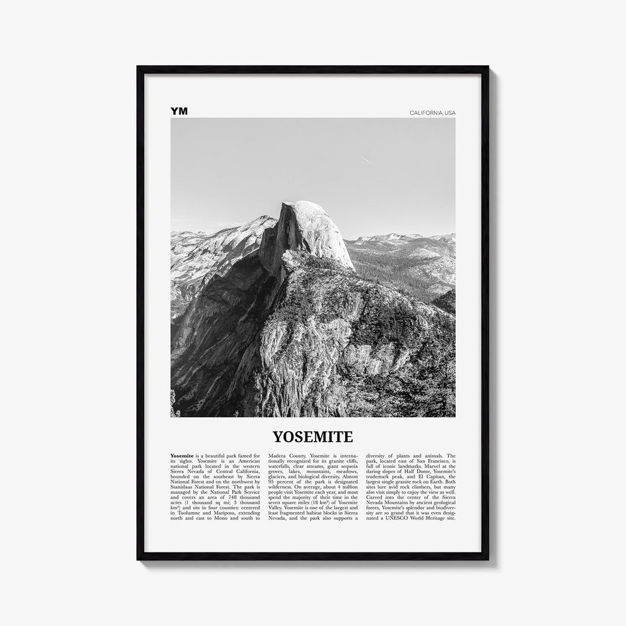 Yosemite National Park no. 2 black & white newspaper poster of California, USA – vertical wall art, unframed print shown in i