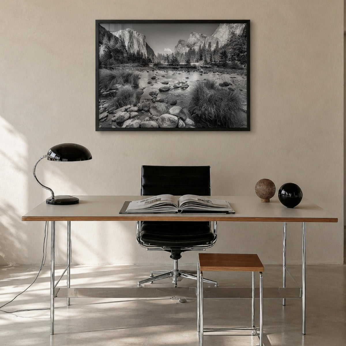 Yosemite National Park no. 2 black & white photo poster of California, USA – horizontal wall art in black wood frame, hanging