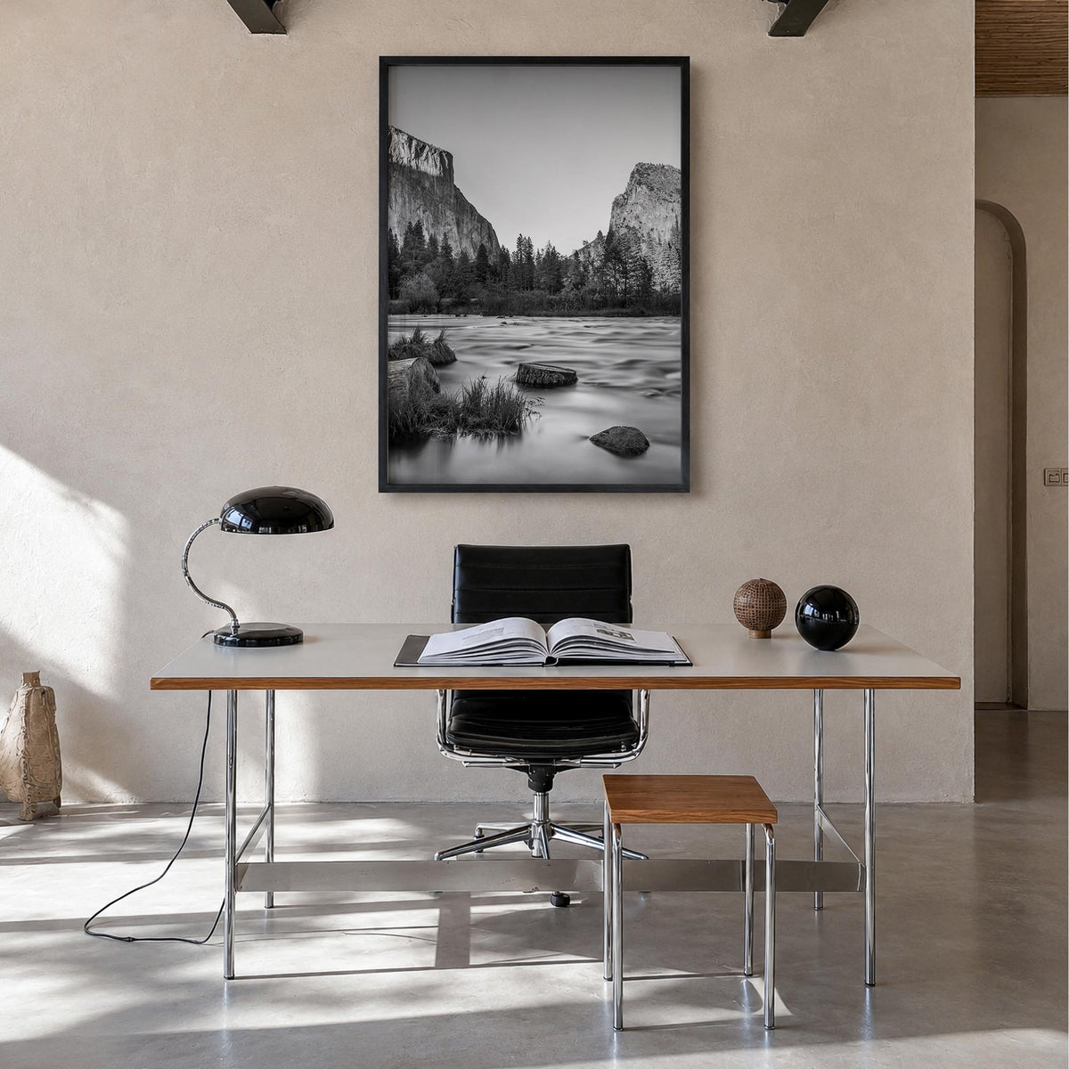 Yosemite National Park no. 2 black & white photo poster of California, USA – vertical wall art in black wood frame, hanging o