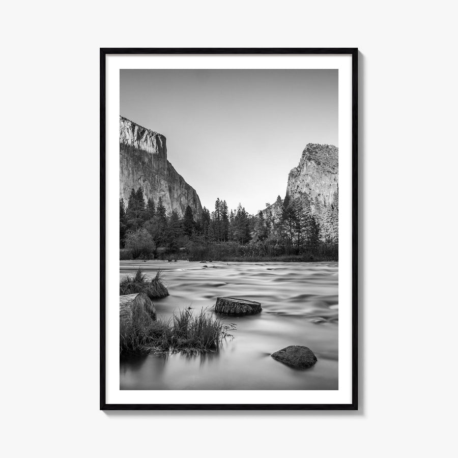Yosemite National Park no. 2 black & white photo poster of California, USA – vertical wall art, unframed print shown in inter