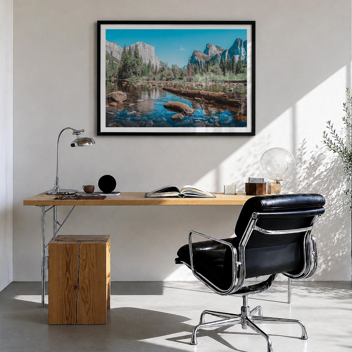 Yosemite National Park no. 2 colorful photo poster of California, USA – horizontal wall art in black wood frame with white bo