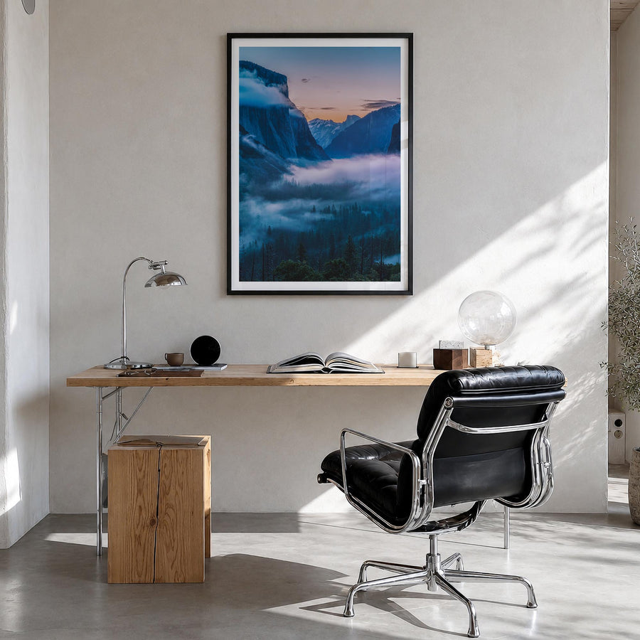 Yosemite National Park no. 2 colorful photo poster of California, USA – vertical wall art in black wood frame with white bord