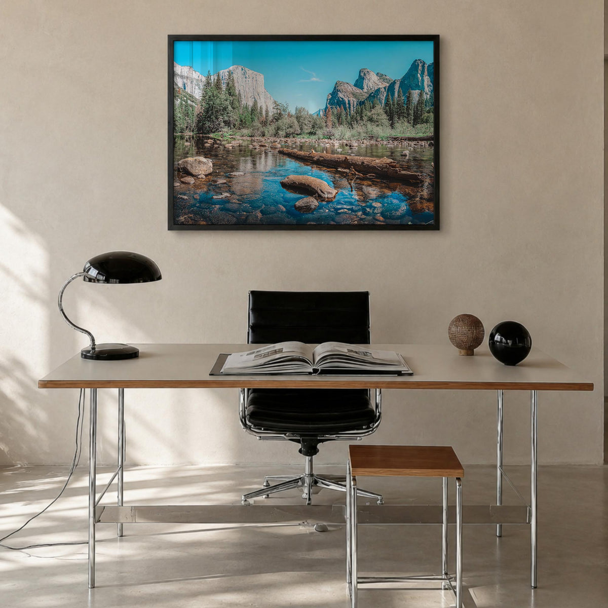 Yosemite National Park no. 2 colorful photo poster of California, USA – horizontal wall art in black wood frame, hanging on w