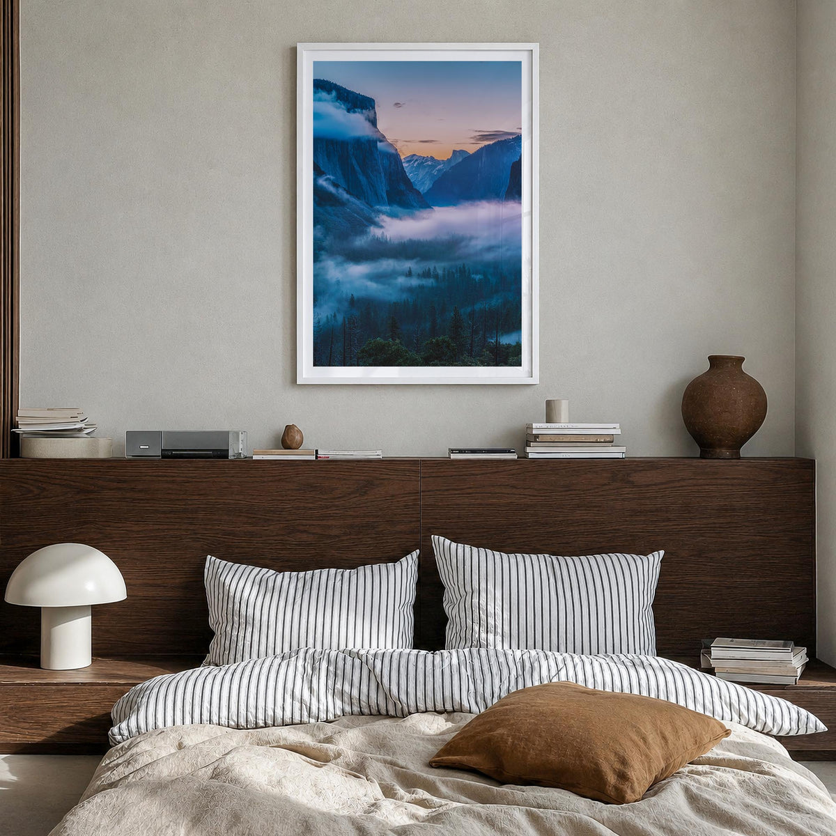 Yosemite National Park no. 2 colorful photo poster of California, USA – vertical wall art in white wood frame with white bord