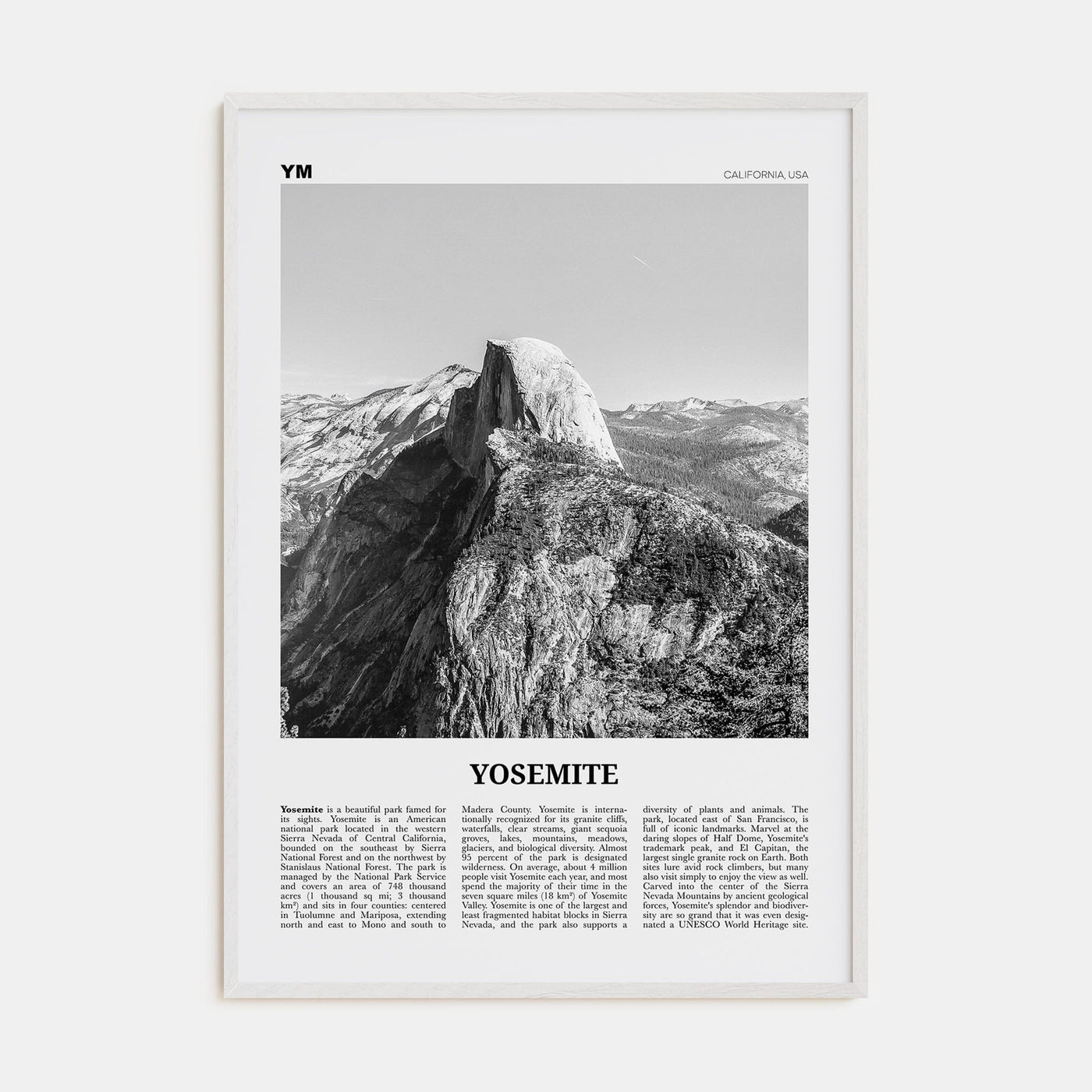 Yosemite National Park No 2 Poster White Wood / 8x12 in Nbourhood Travel B&W Poster