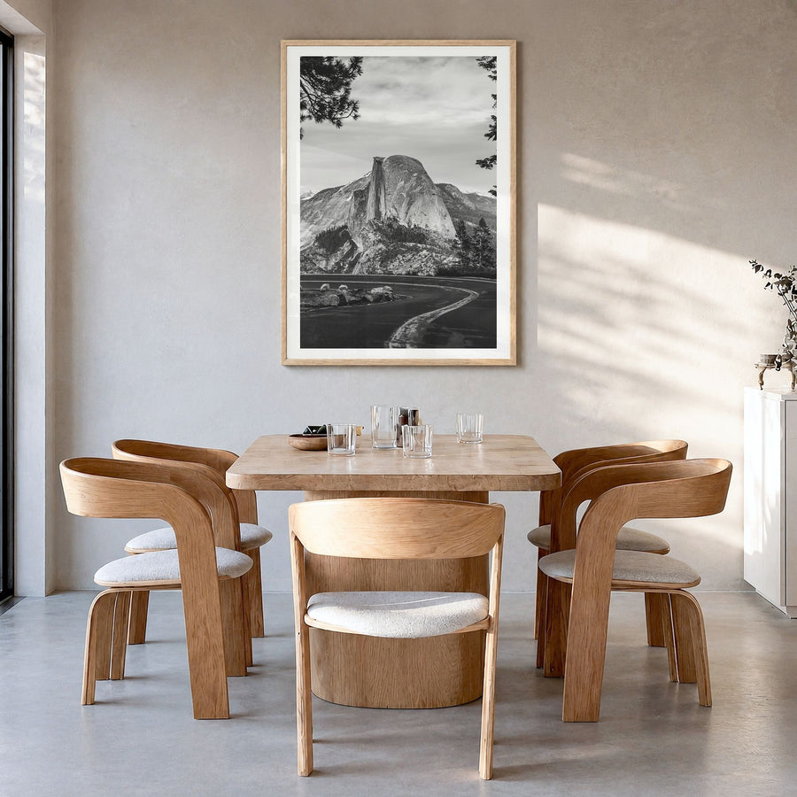 Yosemite National Park Photo No 1 Poster in a natural wood frame, hanging in a dining room, white border