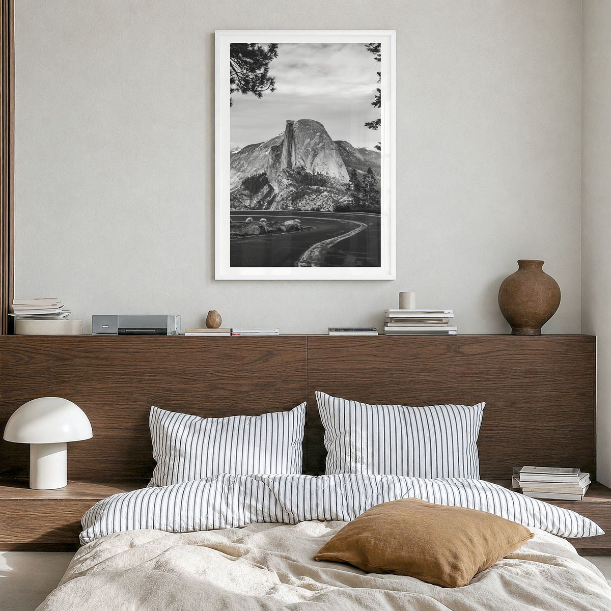 Yosemite National Park Photo No 1 Poster in a white wood frame, hanging in a bedroom, white border