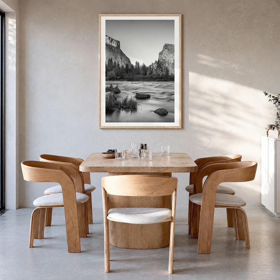 Yosemite National Park Photo No 2 Poster in a natural wood frame, hanging in a dining room, white border
