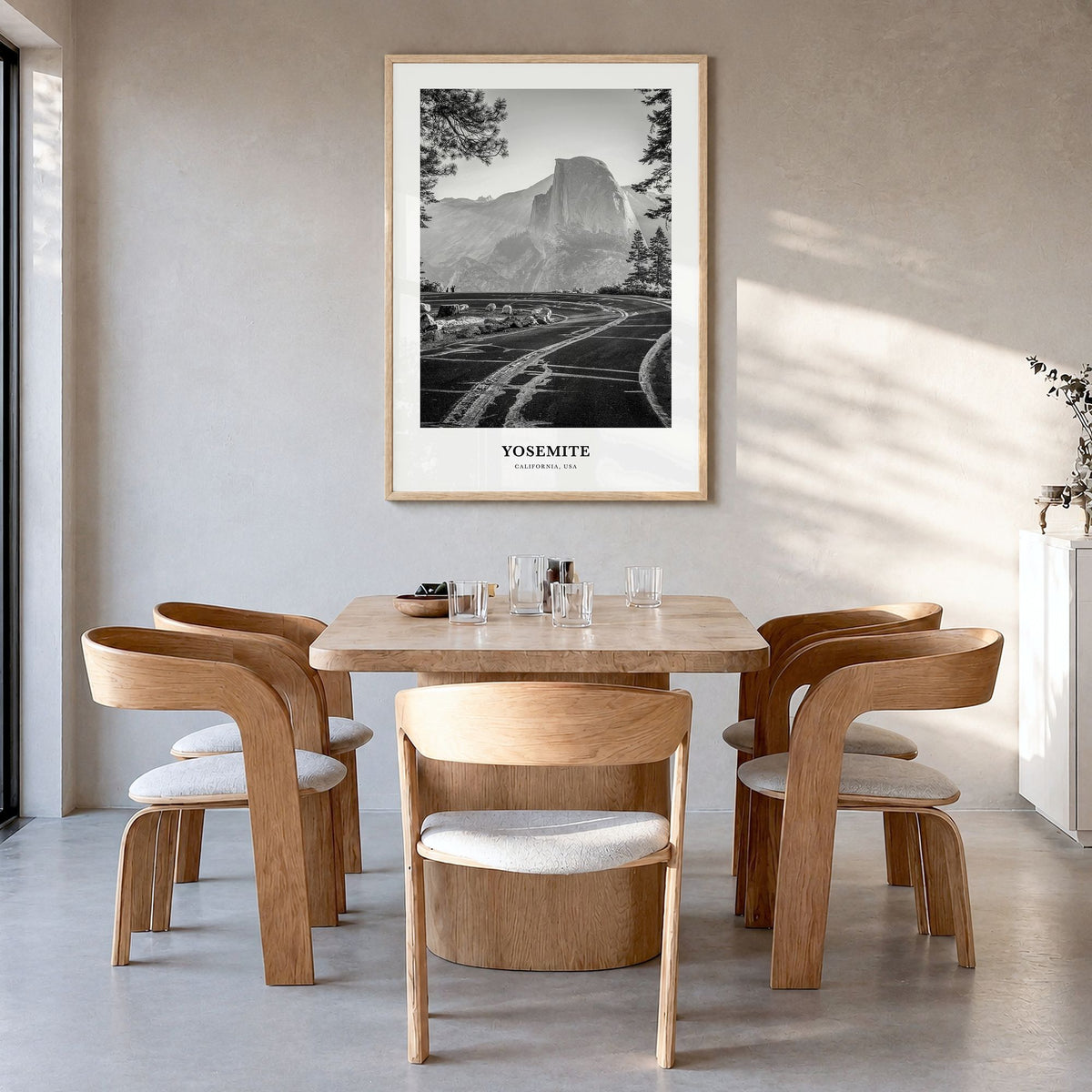 Yosemite National Park Classic No 2 Poster in a natural wood frame, hanging in a dining room