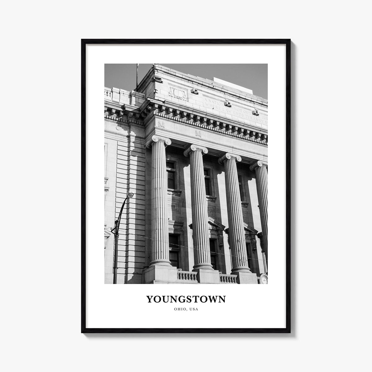 Youngstown black & white classic poster of Ohio, USA – vertical wall art, unframed print shown in interior mockup