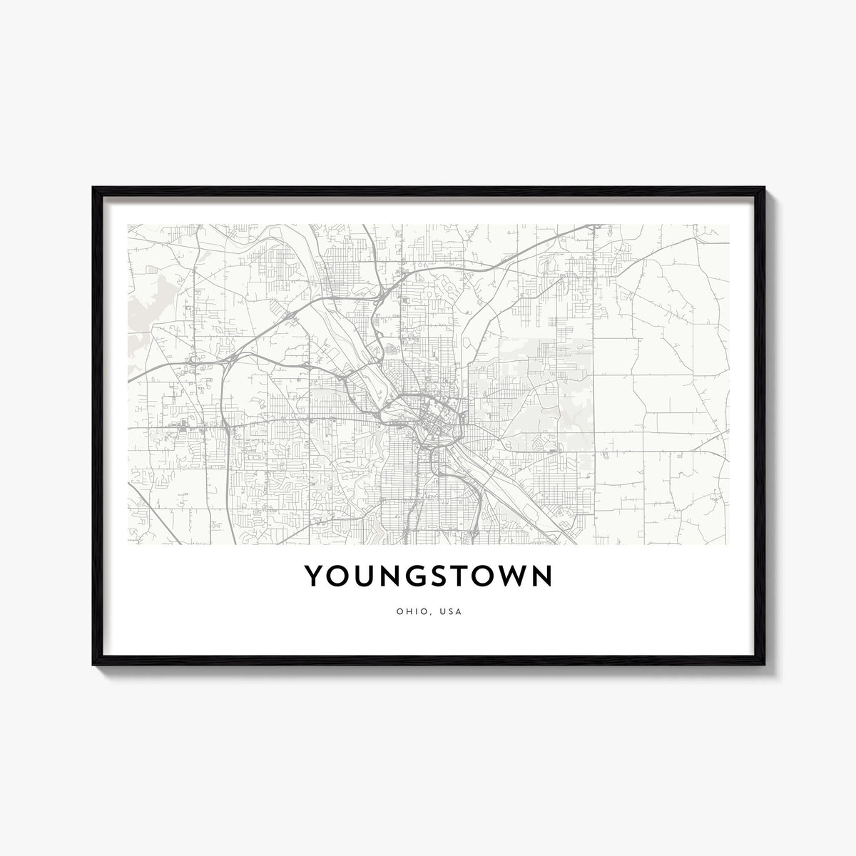 Youngstown black & white map poster of Ohio, USA – horizontal wall art, unframed print shown in interior mockup