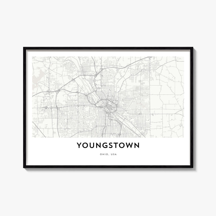 Youngstown black & white map poster of Ohio, USA – horizontal wall art, unframed print shown in interior mockup