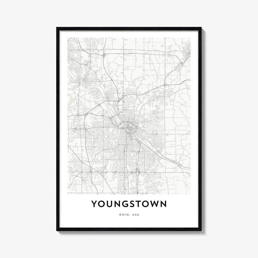 Youngstown black & white map poster of Ohio, USA – vertical wall art, unframed print shown in interior mockup