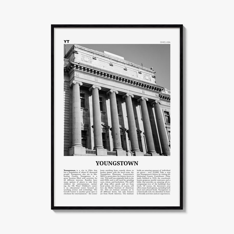 Youngstown black & white newspaper poster of Ohio, USA – vertical wall art, unframed print shown in interior mockup