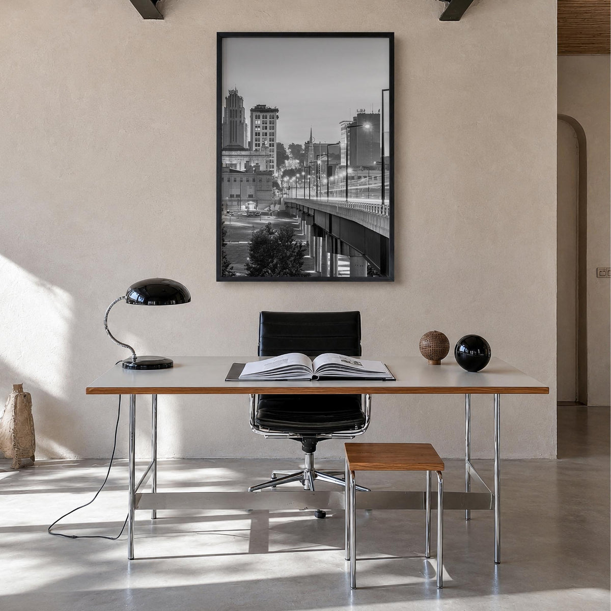 Youngstown black & white photo poster of Ohio, USA – vertical wall art in black wood frame, hanging on wall