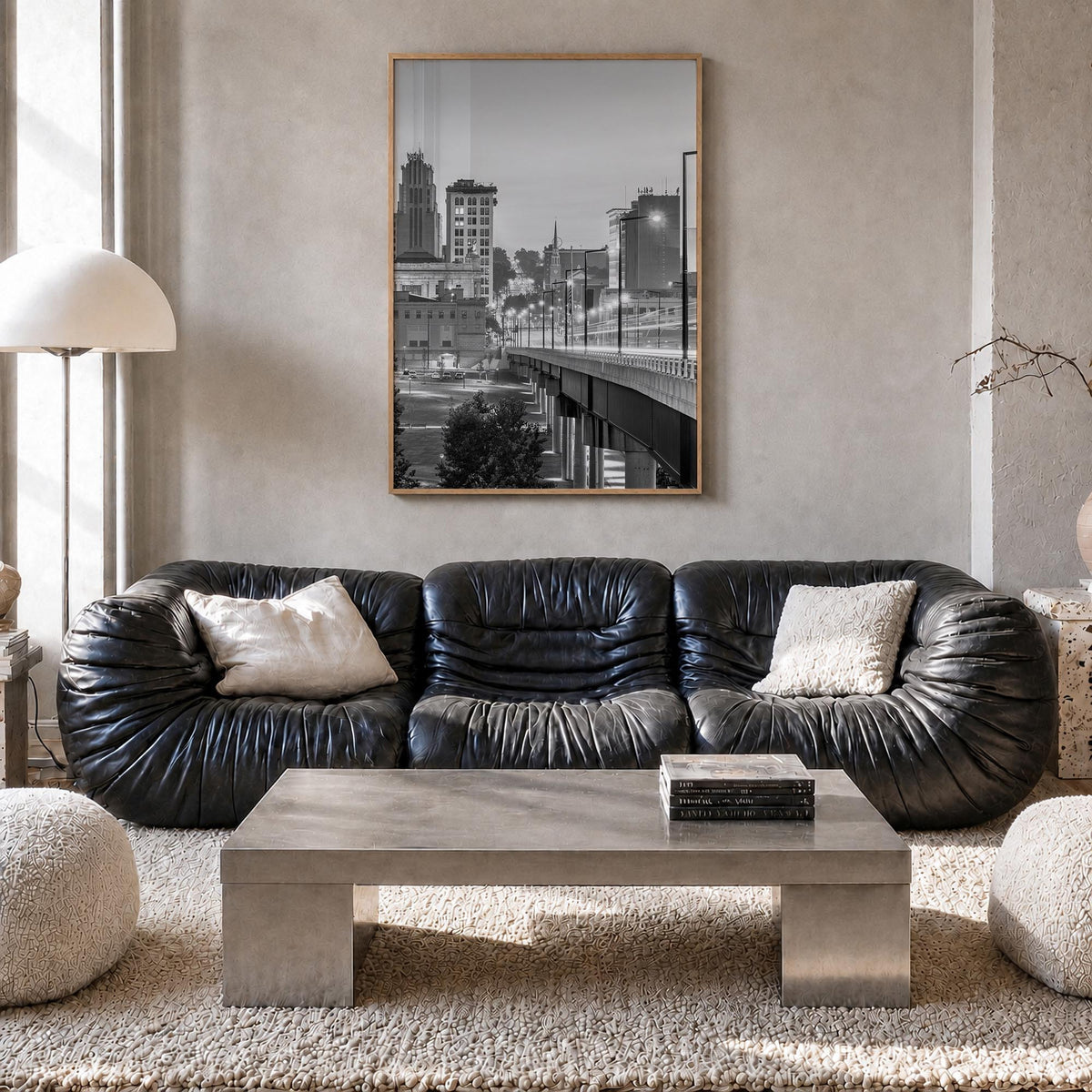 Youngstown black & white photo poster of Ohio, USA – vertical wall art in natural wood frame, hanging on wall