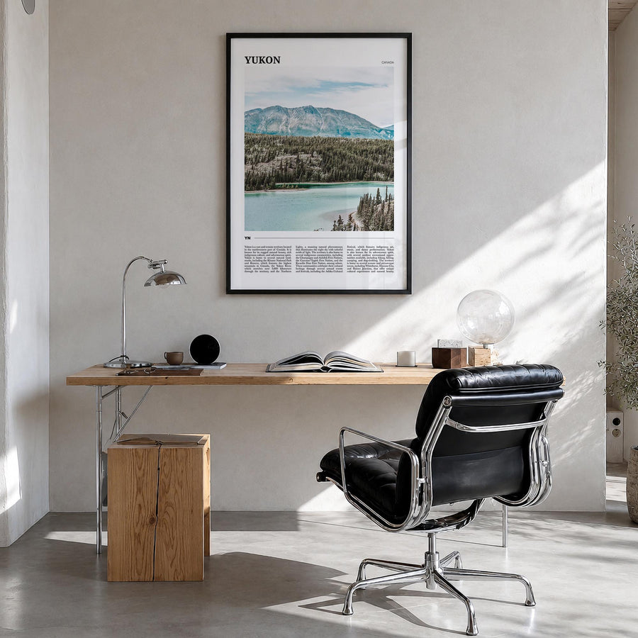 Yukon colorful travel poster of Oklahoma, USA – vertical wall art in black wood frame, hanging on wall