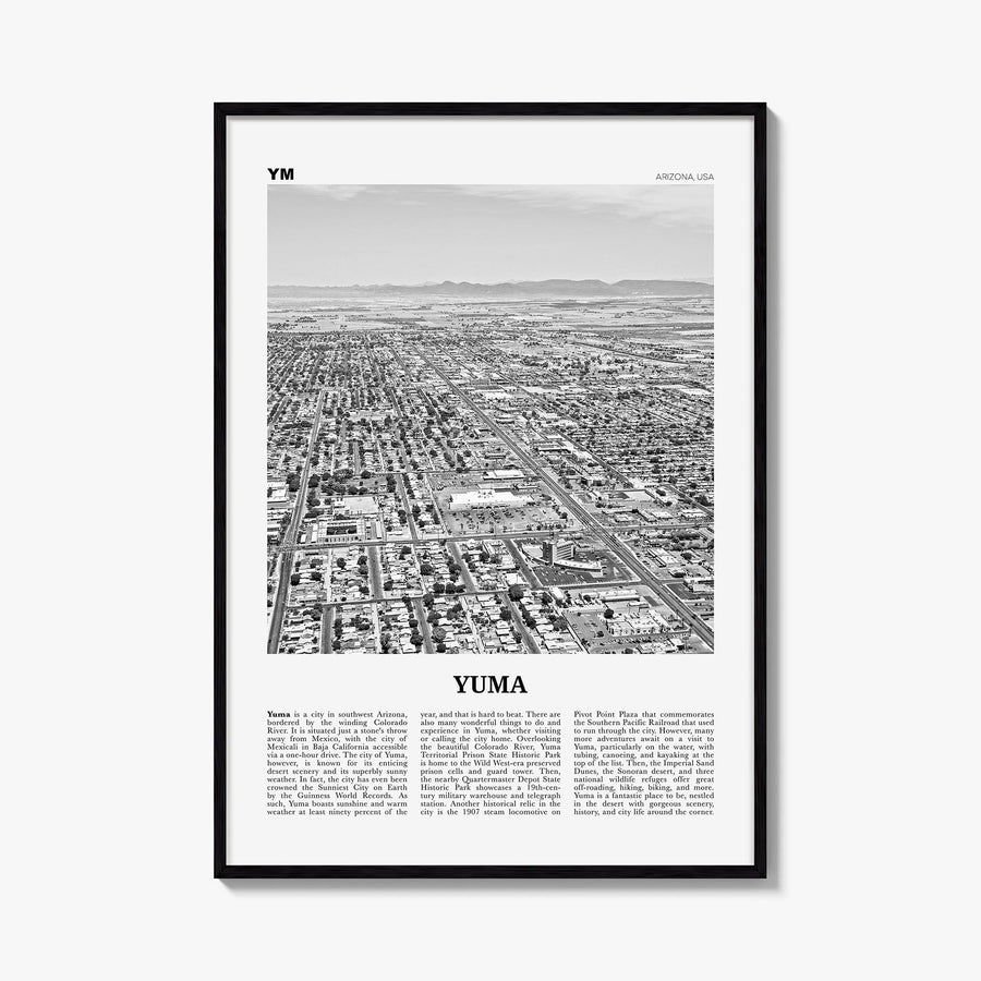 Yuma black & white newspaper poster of Arizona, USA – vertical wall art, unframed print shown in interior mockup
