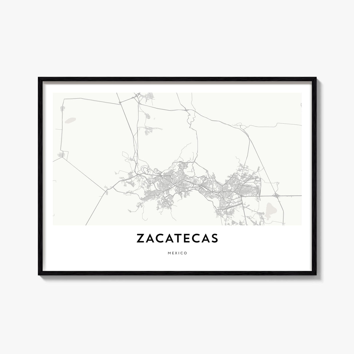 Zacatecas black & white map poster of Mexico – horizontal wall art, unframed print shown in interior mockup