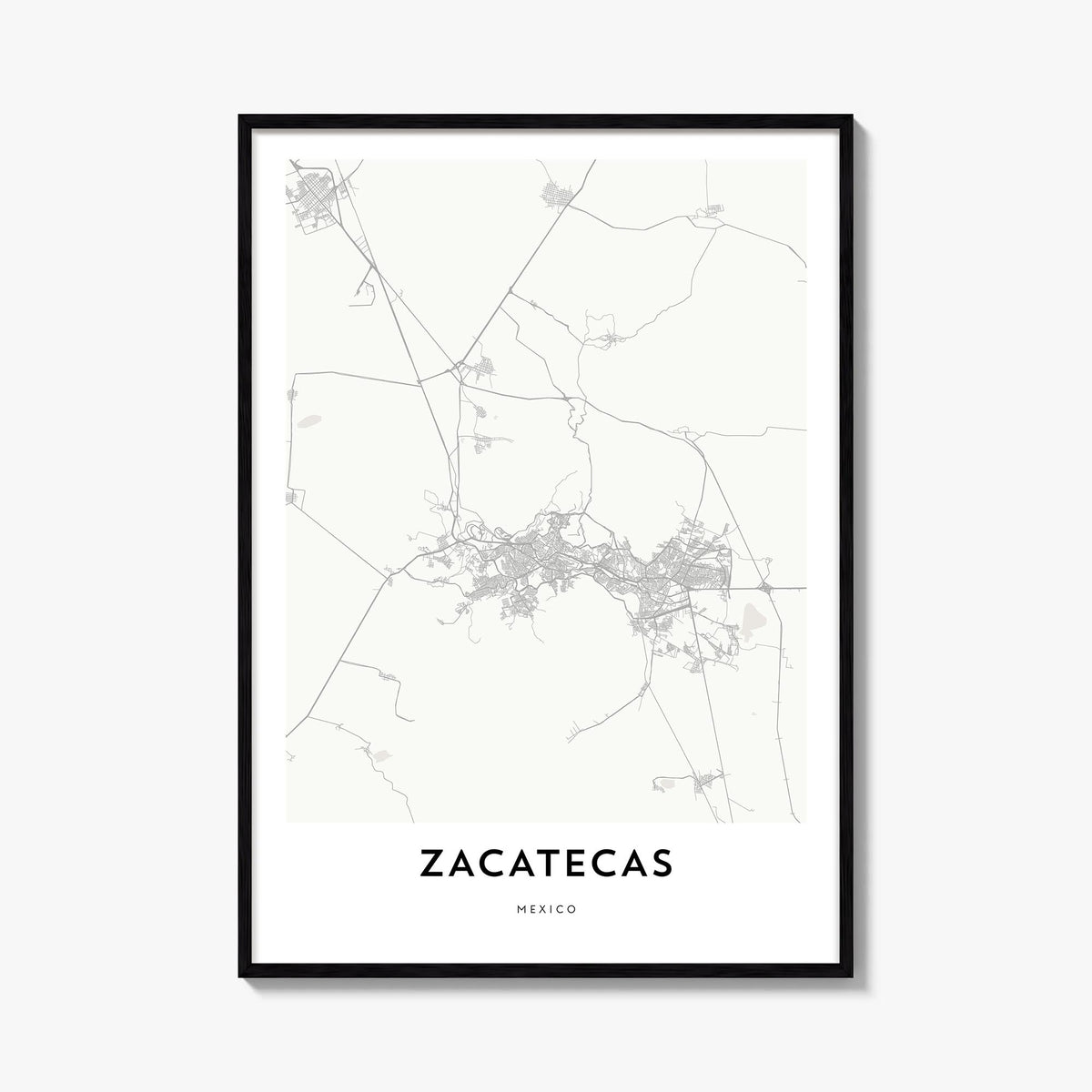 Zacatecas black & white map poster of Mexico – vertical wall art, unframed print shown in interior mockup
