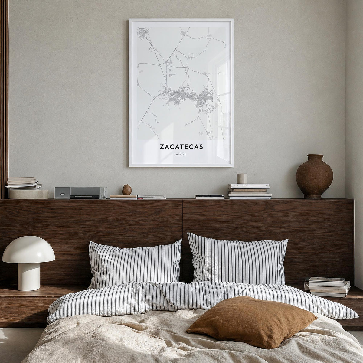 Zacatecas black & white map poster of Mexico – vertical wall art in white wood frame, hanging on wall