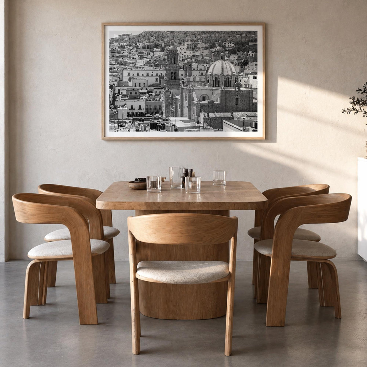 Zacatecas black & white photo poster of Mexico – horizontal wall art in natural wood frame with white border, hanging on wall