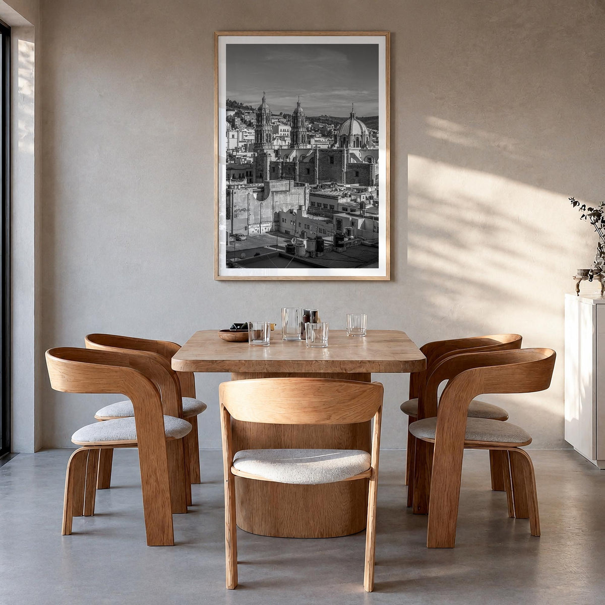Zacatecas black & white photo poster of Mexico – vertical wall art in natural wood frame with white border, hanging on wall