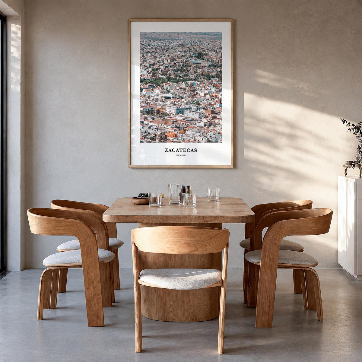 Zacatecas colorful classic poster of Mexico – vertical wall art in natural wood frame, hanging on wall