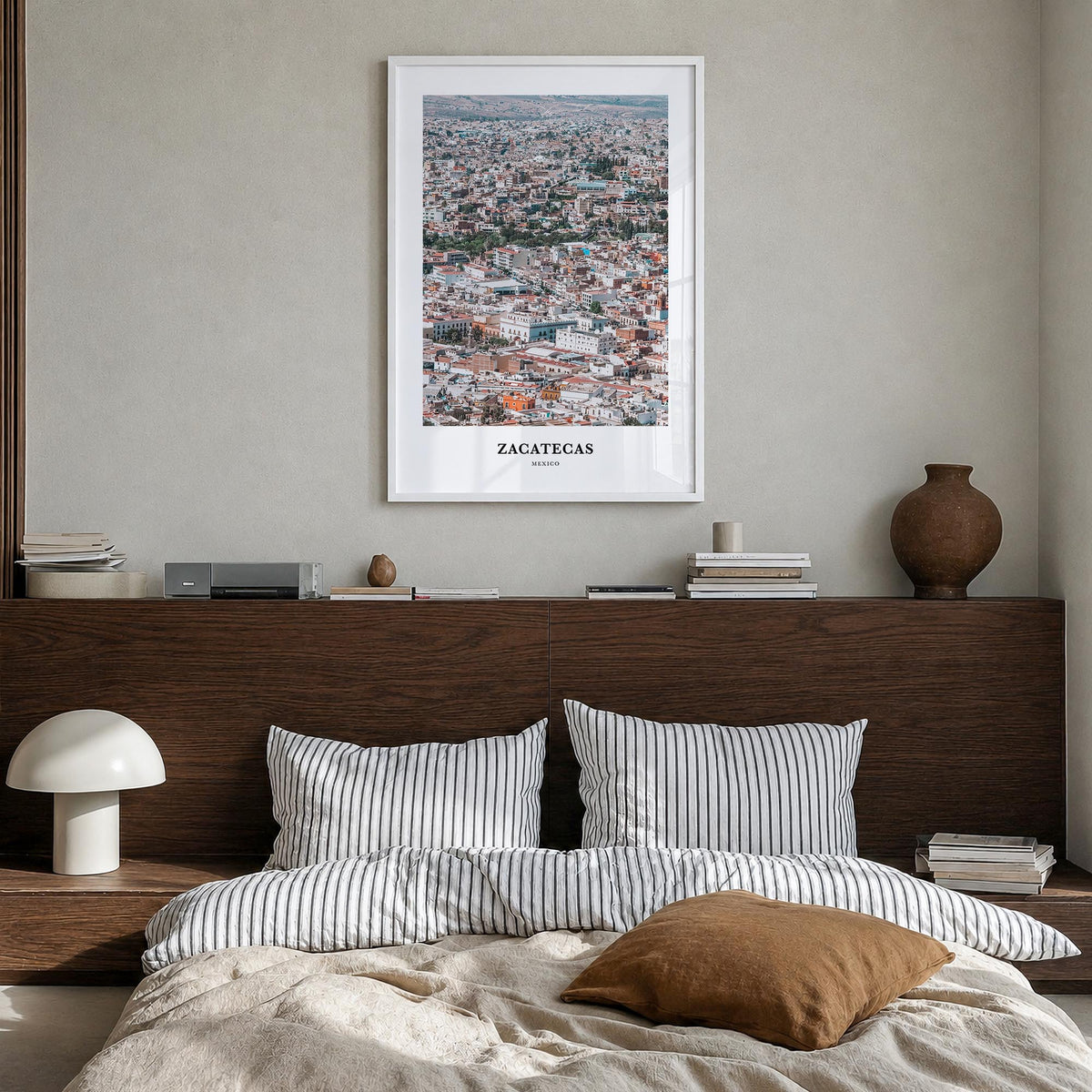 Zacatecas colorful classic poster of Mexico – vertical wall art in white wood frame, hanging on wall