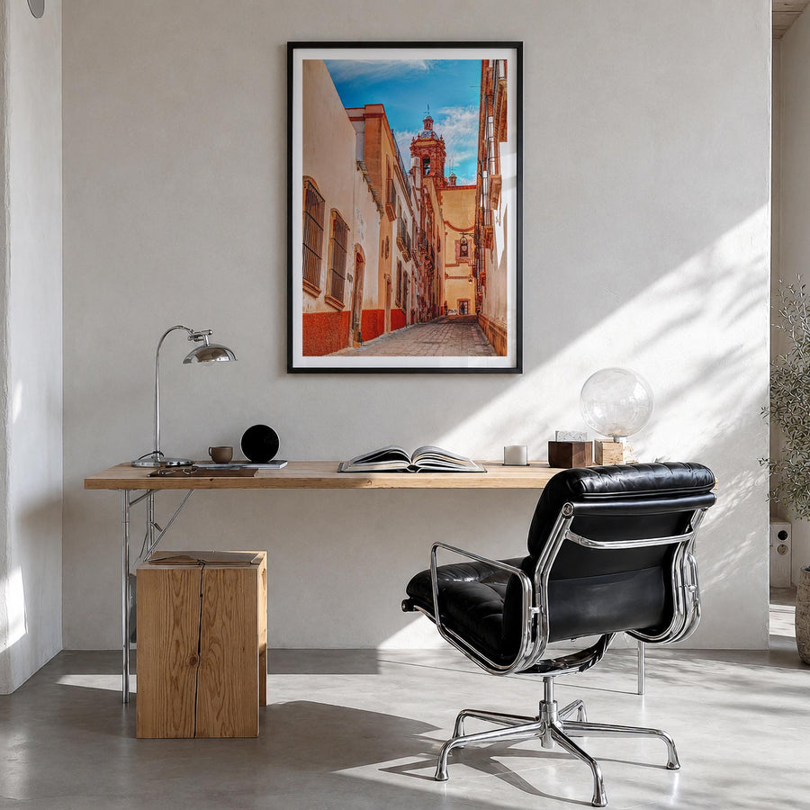 Zacatecas colorful photo poster of Mexico – vertical wall art in black wood frame with white border, hanging on wall