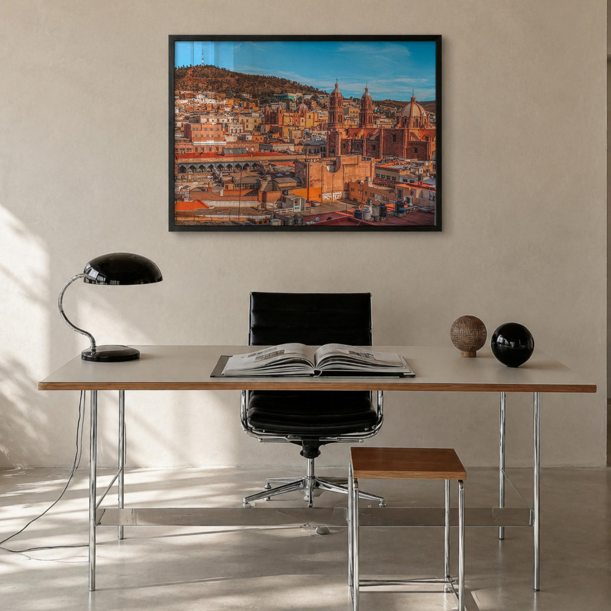 Zacatecas colorful photo poster of Mexico – horizontal wall art in black wood frame, hanging on wall