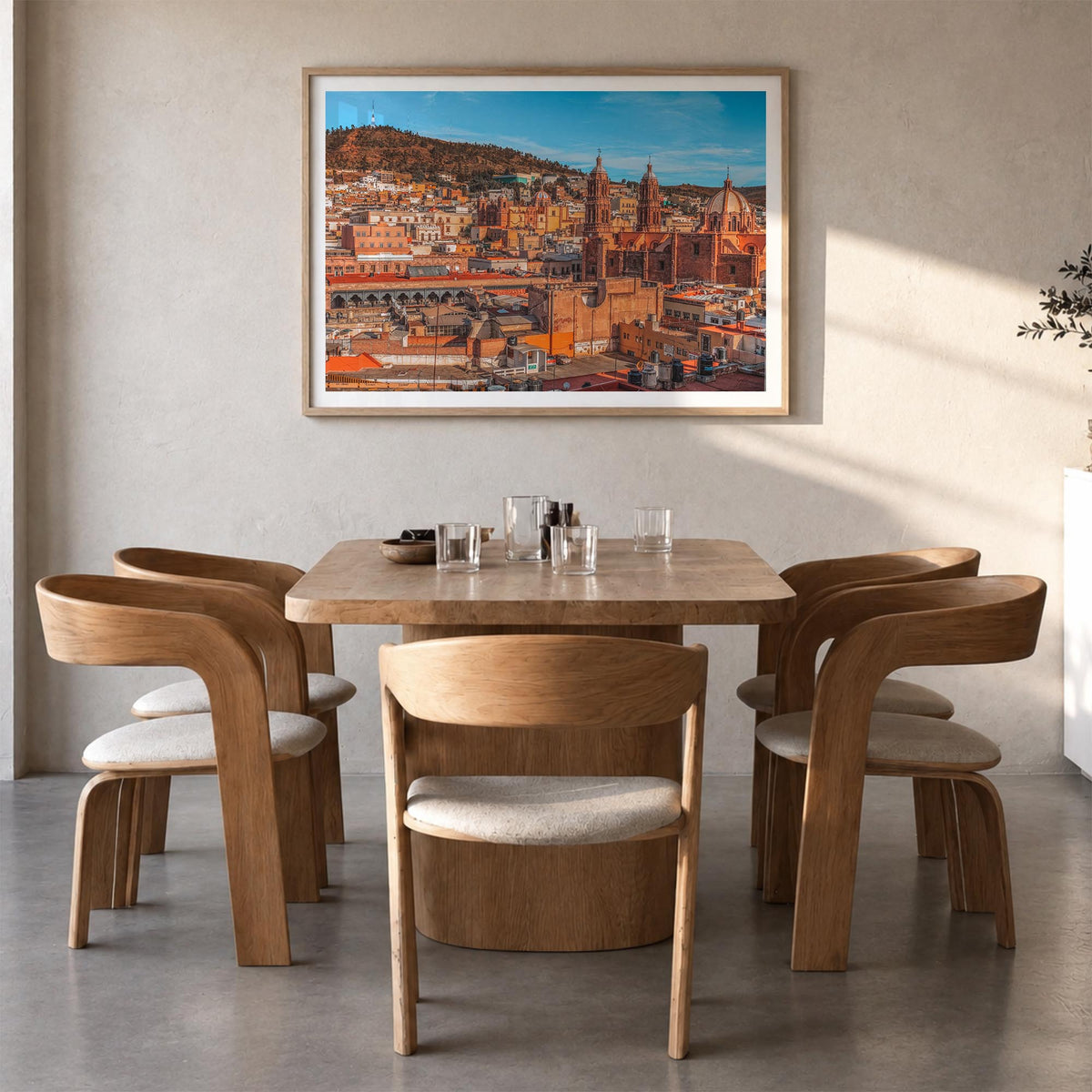 Zacatecas colorful photo poster of Mexico – horizontal wall art in natural wood frame with white border, hanging on wall