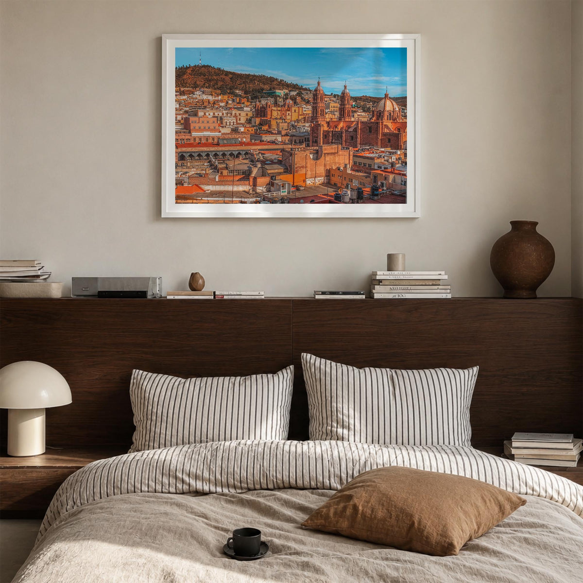 Zacatecas colorful photo poster of Mexico – horizontal wall art in white wood frame with white border, hanging on wall