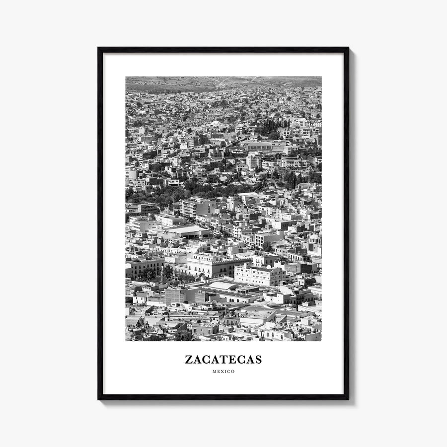 Zacatecas no. 1 black & white classic poster of Mexico – vertical wall art, unframed print shown in interior mockup