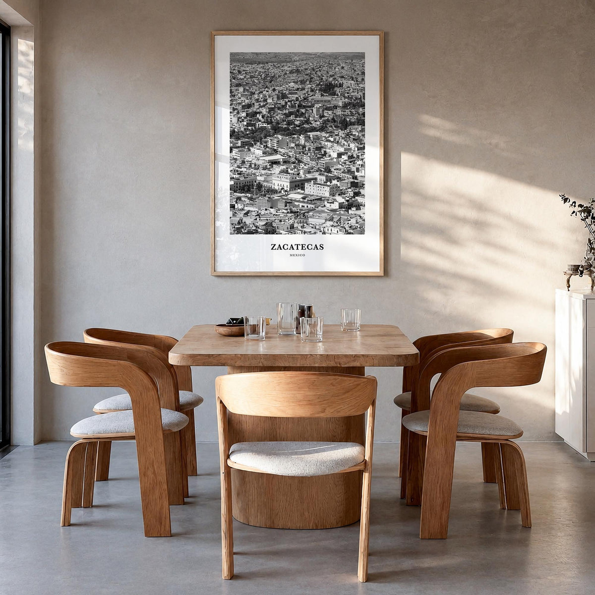 Zacatecas no. 1 black & white classic poster of Mexico – vertical wall art in natural wood frame, hanging on wall