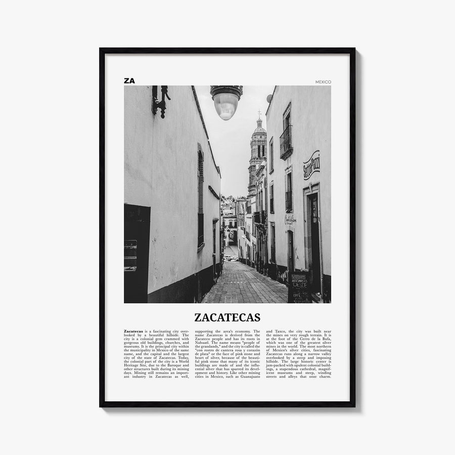 Zacatecas no. 1 black & white newspaper poster of Mexico – vertical wall art, unframed print shown in interior mockup