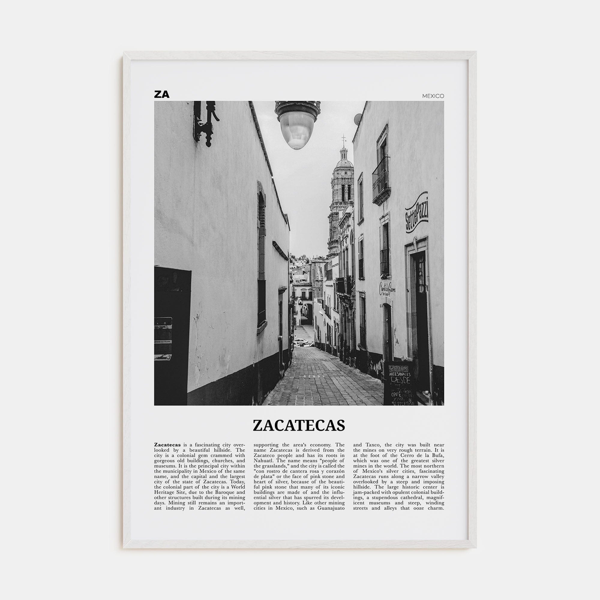 Zacatecas No 1 Poster White Wood / 8x12 in Nbourhood Travel B&W Poster