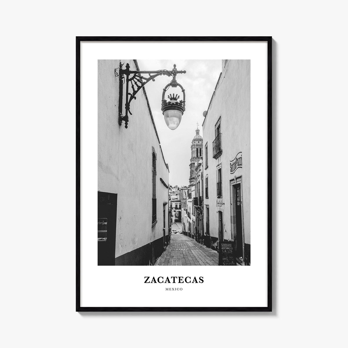 Zacatecas no. 2 black & white classic poster of Mexico – vertical wall art, unframed print shown in interior mockup