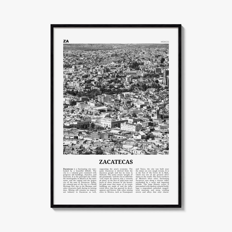 Zacatecas no. 2 black & white newspaper poster of Mexico – vertical wall art, unframed print shown in interior mockup