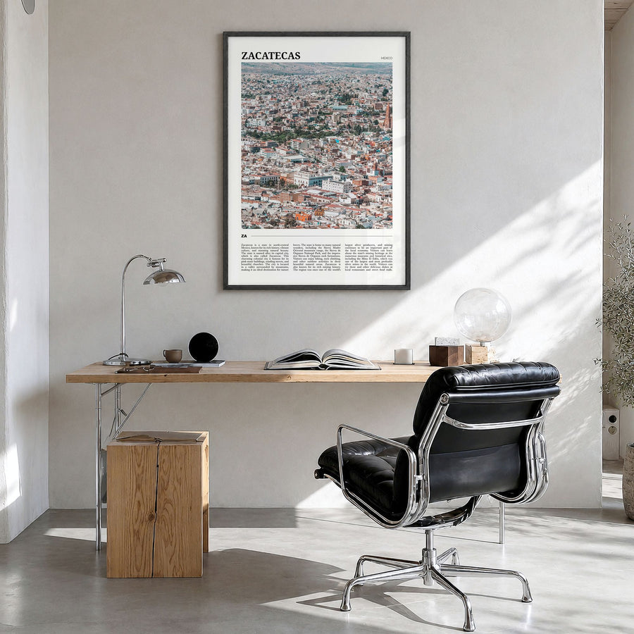 Zacatecas Travel Poster in a black wood frame, hanging in a bright home office
