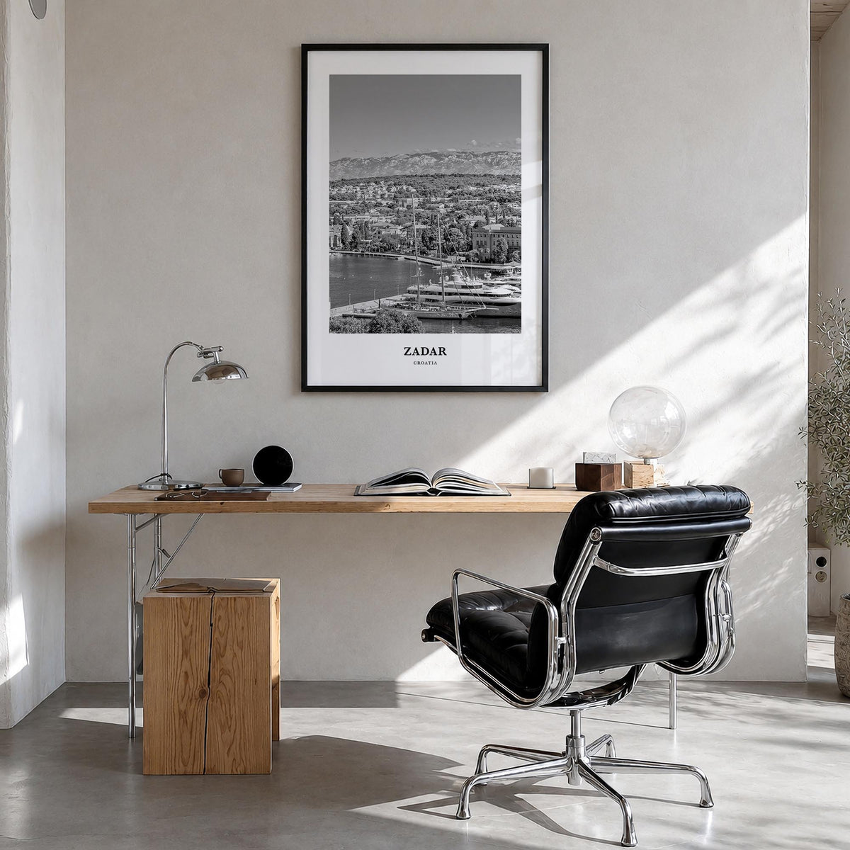 Zadar black & white classic poster of Croatia – vertical wall art in black wood frame, hanging on wall