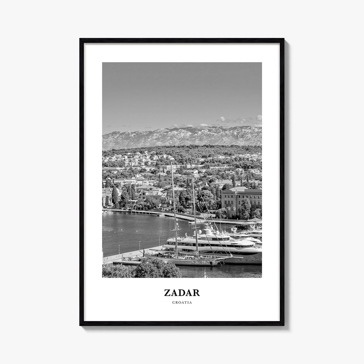 Zadar black & white classic poster of Croatia – vertical wall art, unframed print shown in interior mockup