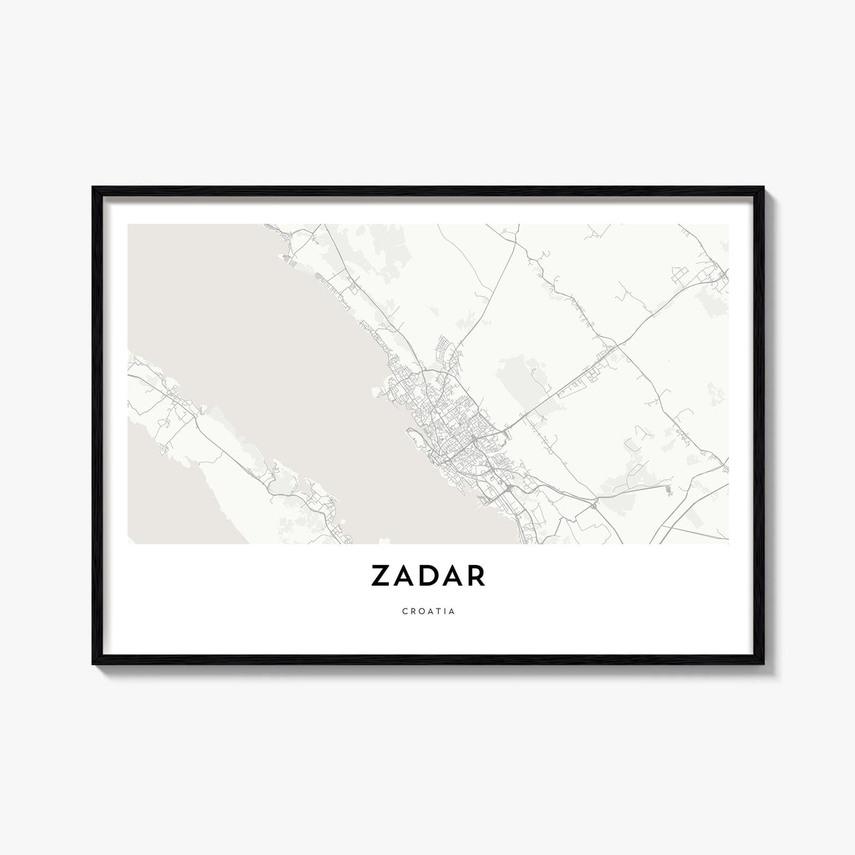 Zadar black & white map poster of Croatia – horizontal wall art, unframed print shown in interior mockup