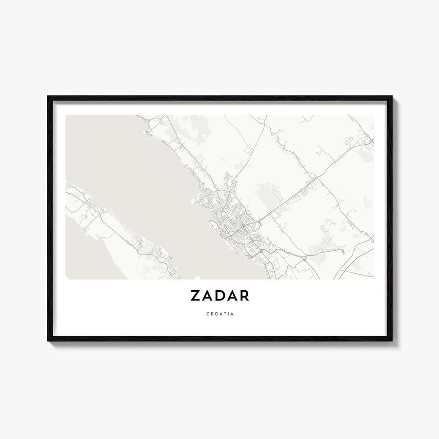 Zadar black & white map poster of Croatia – horizontal wall art, unframed print shown in interior mockup