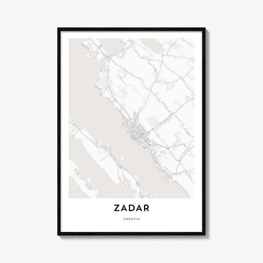 Zadar black & white map poster of Croatia – vertical wall art, unframed print shown in interior mockup