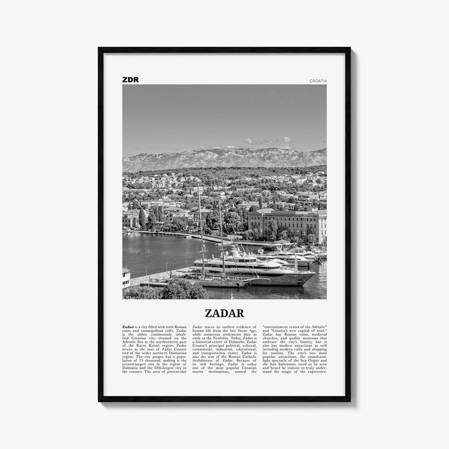 Zadar black & white newspaper poster of Croatia – vertical wall art, unframed print shown in interior mockup