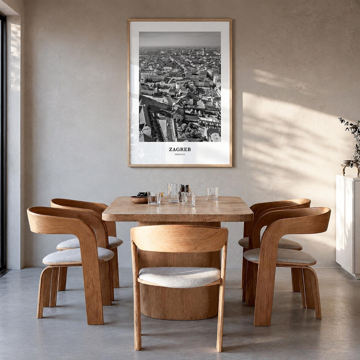 Zagreb black & white classic poster of Croatia – vertical wall art in natural wood frame, hanging on wall